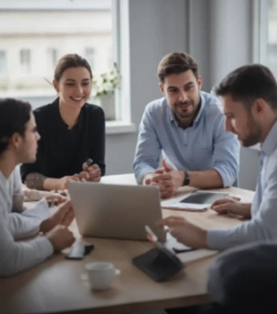 People in meeting in fort of a laptop